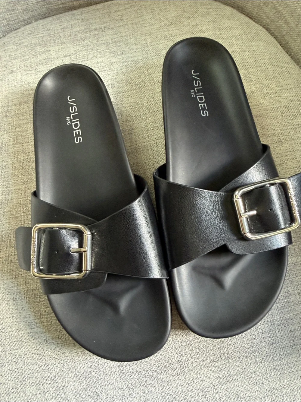J/SLIDES Women’s Black Leather Slide Sandals with Silver Buckles